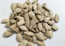Load image into Gallery viewer, A pile of light tan pumpkin seeds on a plain white background.
